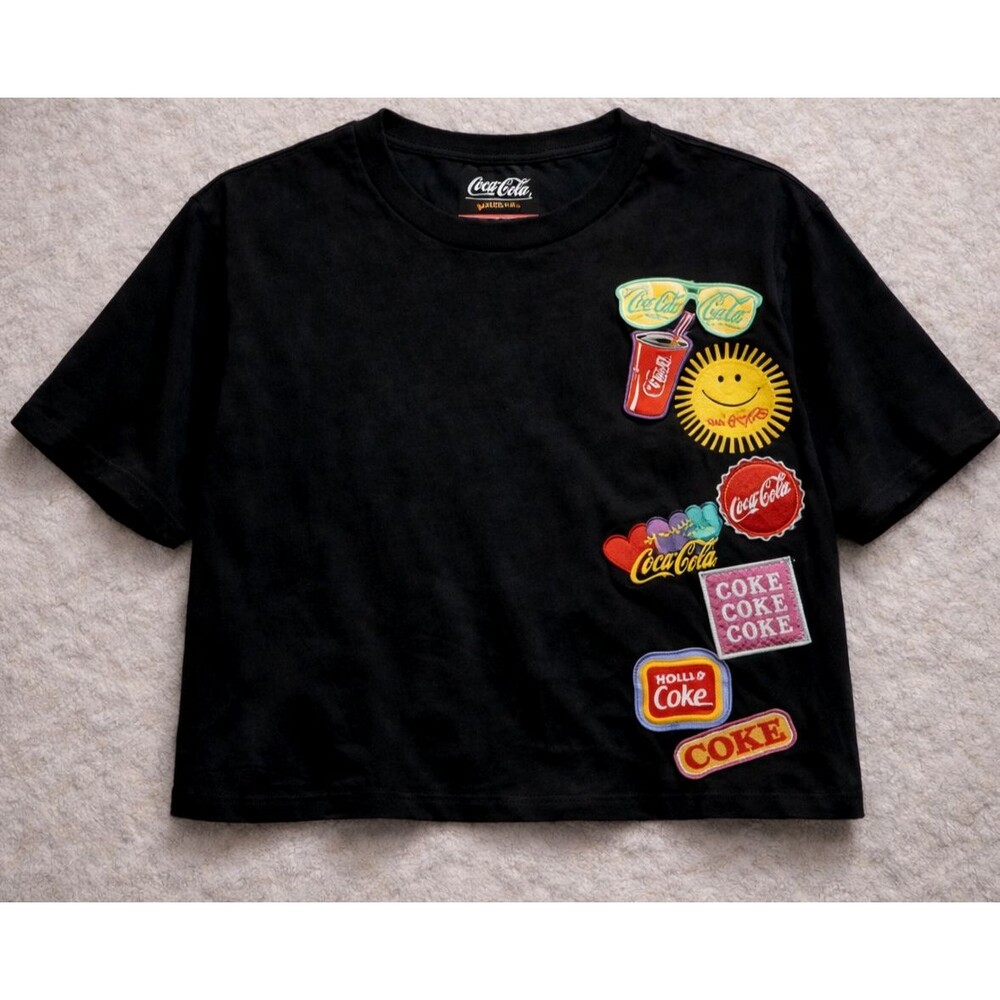Coca Cola Crop Top XXL Black Logo Collage Graphic Tee Boxy Y2K Streetwear